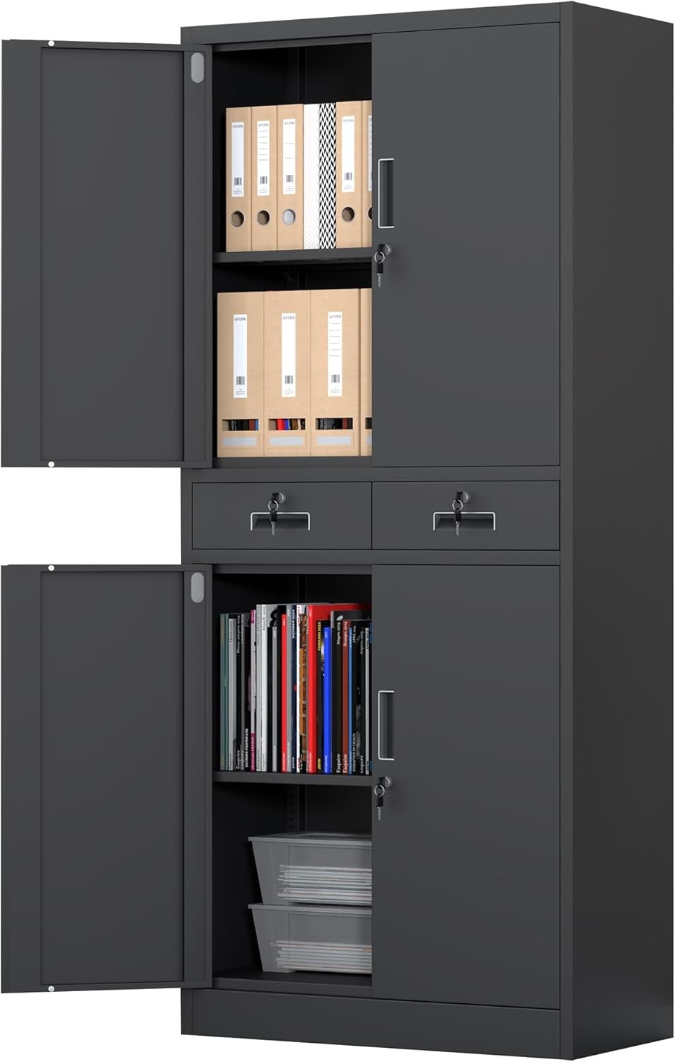 Tall Metal Storage Cupboard with Lock Doors Drawers Adjustable Shelves Black