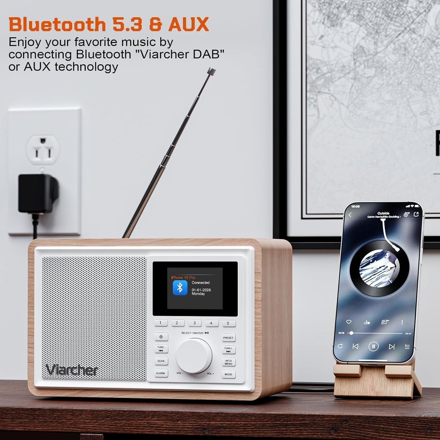 DAB+ FM Digital Kitchen Radio Bluetooth Dual Alarm 60 Presets White/Oak