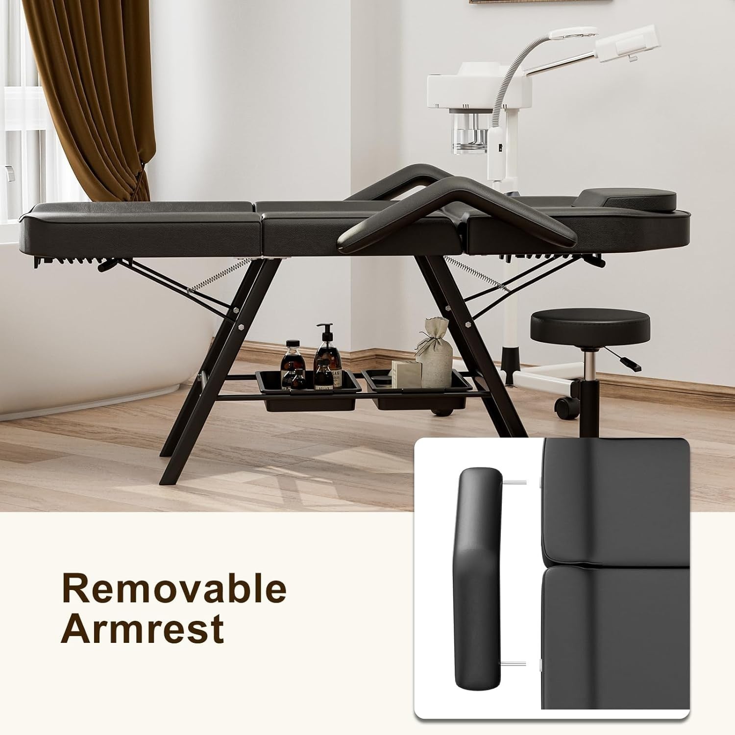 Adjustable 3-Section Beauty Massage Bed w/ Stool & Storage Shelves Black