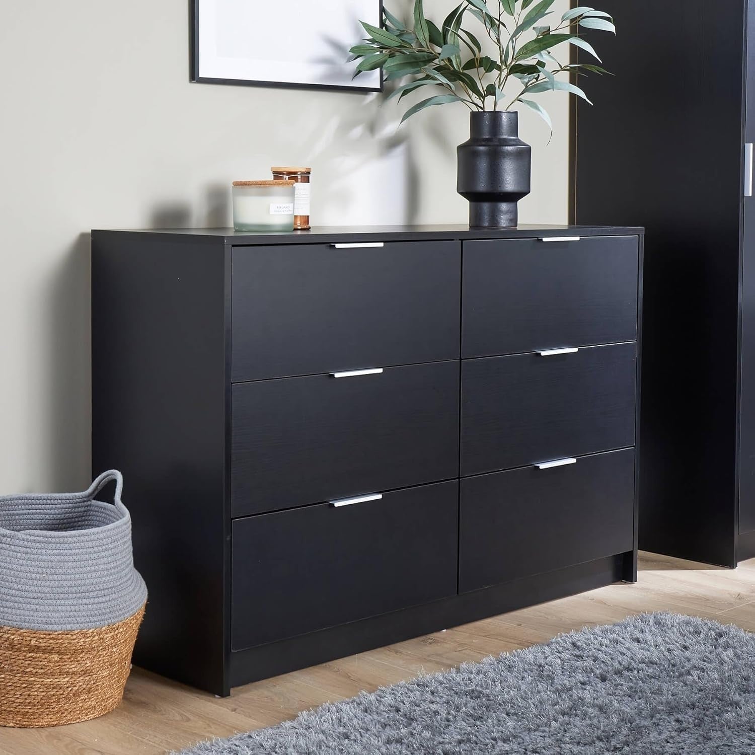 Black 6 Drawer Wide Chest Bedroom Storage Cabinet Modern Clothes Unit