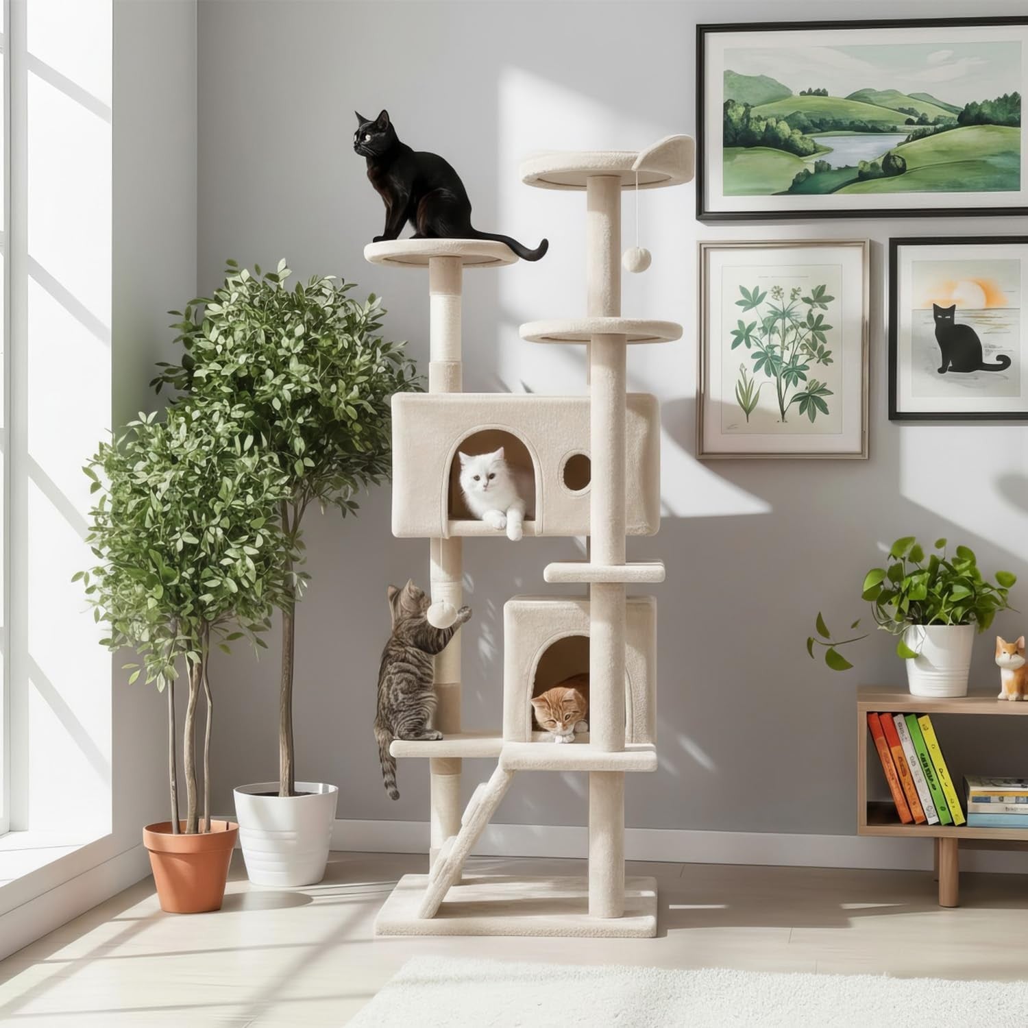 Beige Multi Level Cat Tree Tower 139cm with Condo Scratching Posts Play Centre