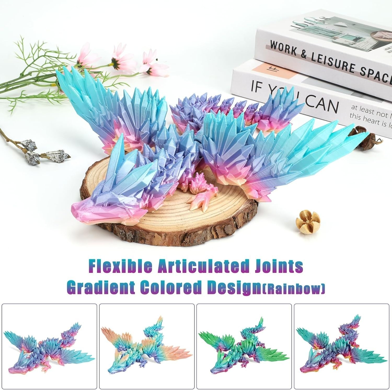 Large 3D Printed Crystal Winged Dragon Articulated Fidget Desk Decor