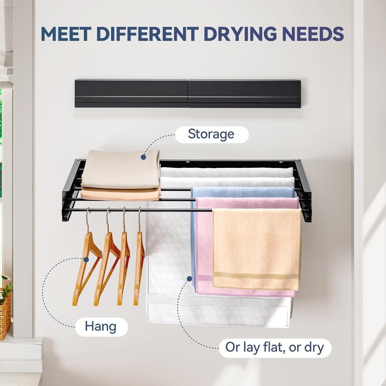 80cm Wall Mounted Retractable Clothes Drying Rack Foldable Airer Black