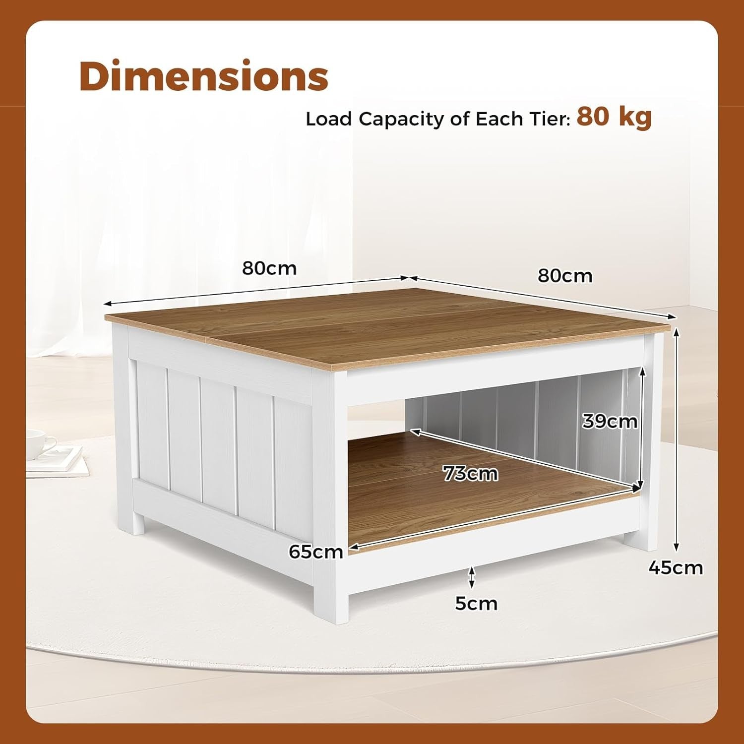 2-Tier Square Coffee Table with Storage Shelf Farmhouse Rustic 80x80x45cm