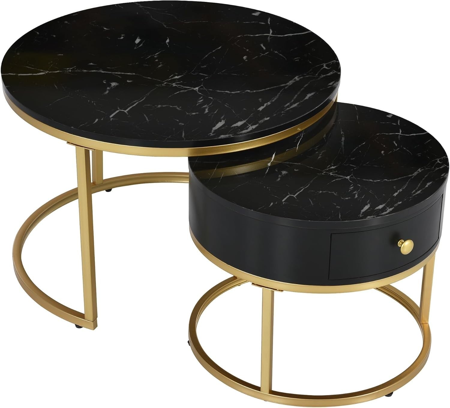 Nested Coffee Tables Set of 2 Black Drawer Round Modern End Side Living Room