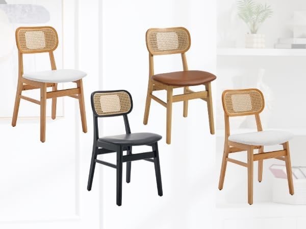 White Rattan Dining Chairs Set of 4 Upholstered Wooden Kitchen Chairs