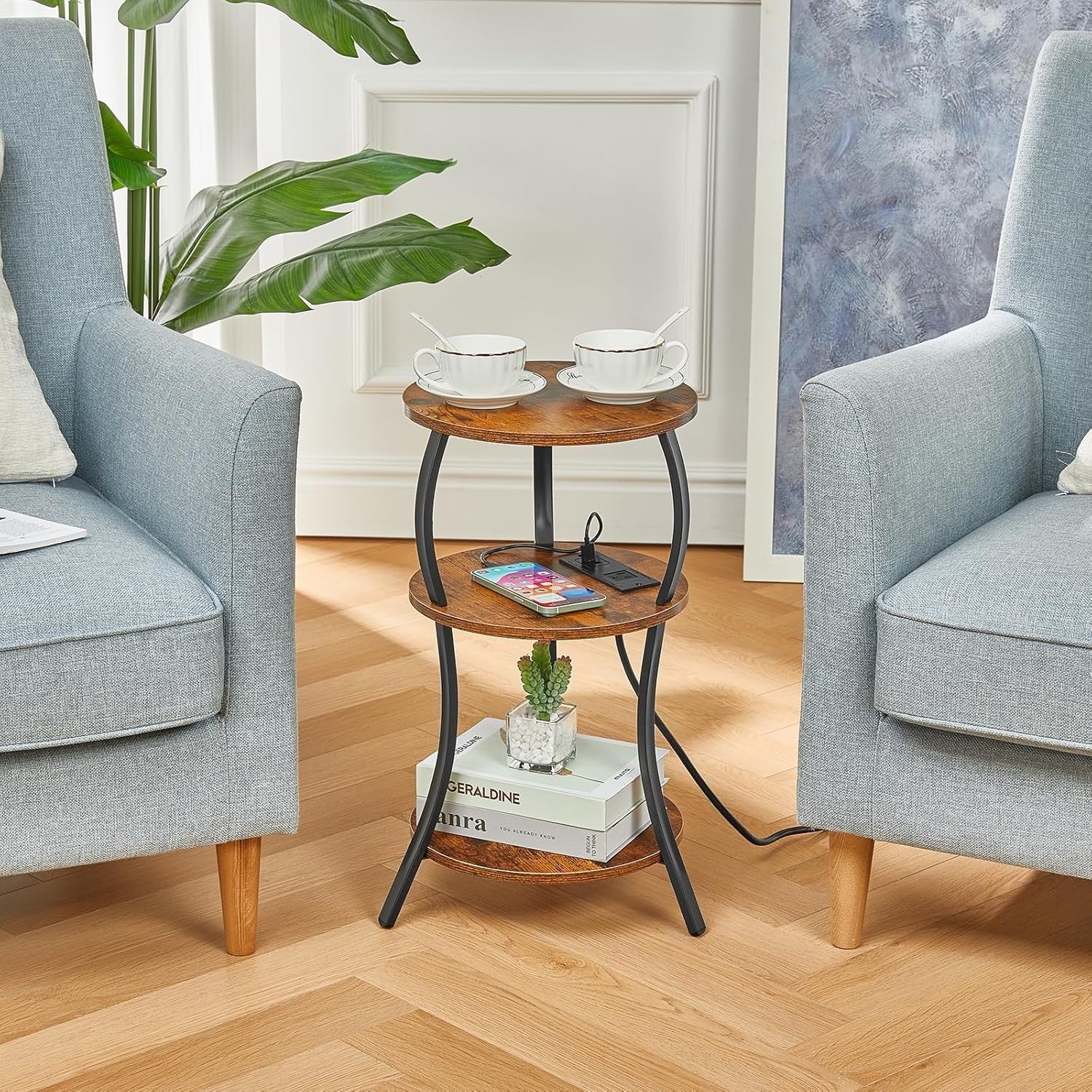 Brown 3-Tier Round Side Table 30x30x55 cm | Slim End Table w/ USB & Storage