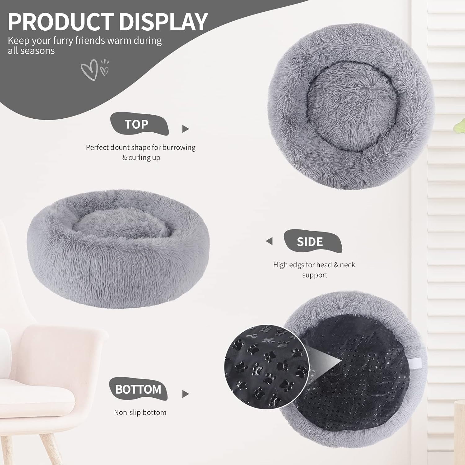 80cm Calming Donut Dog Bed Plush Washable Light Grey