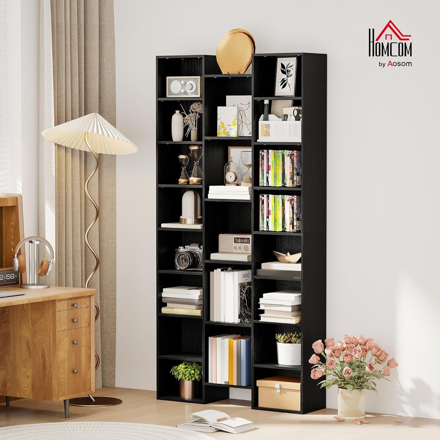 Tall 21-Cube Bookcase Black Adjustable Shelves Modern Storage Unit for Home Offi