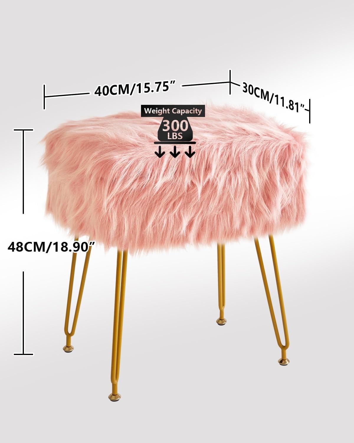 Pink Rectangular Faux Fur Vanity Stool with Storage and Gold Metal Legs