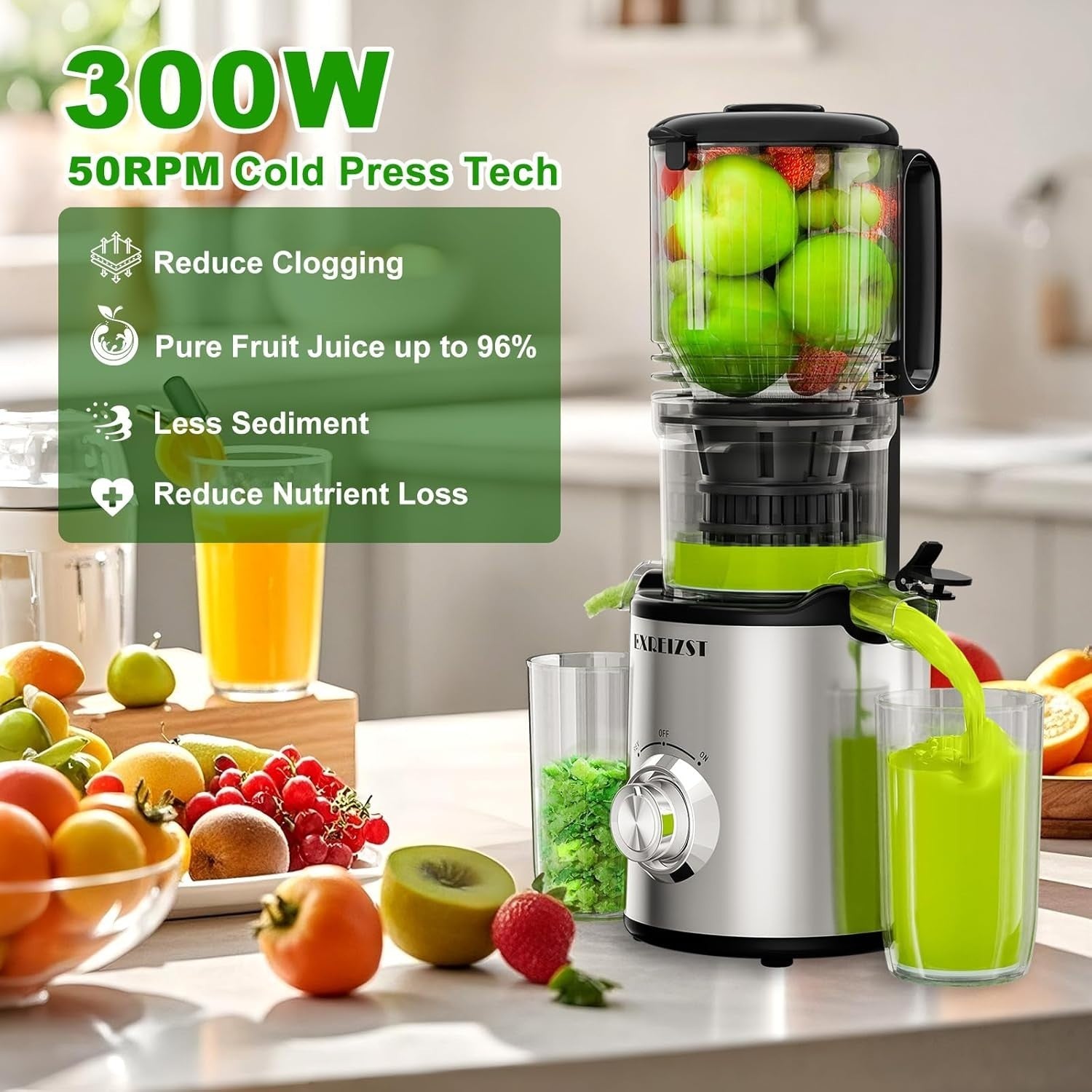 Cold Press Juicer 300W Slow Masticating Quiet High Yield Easy Clean