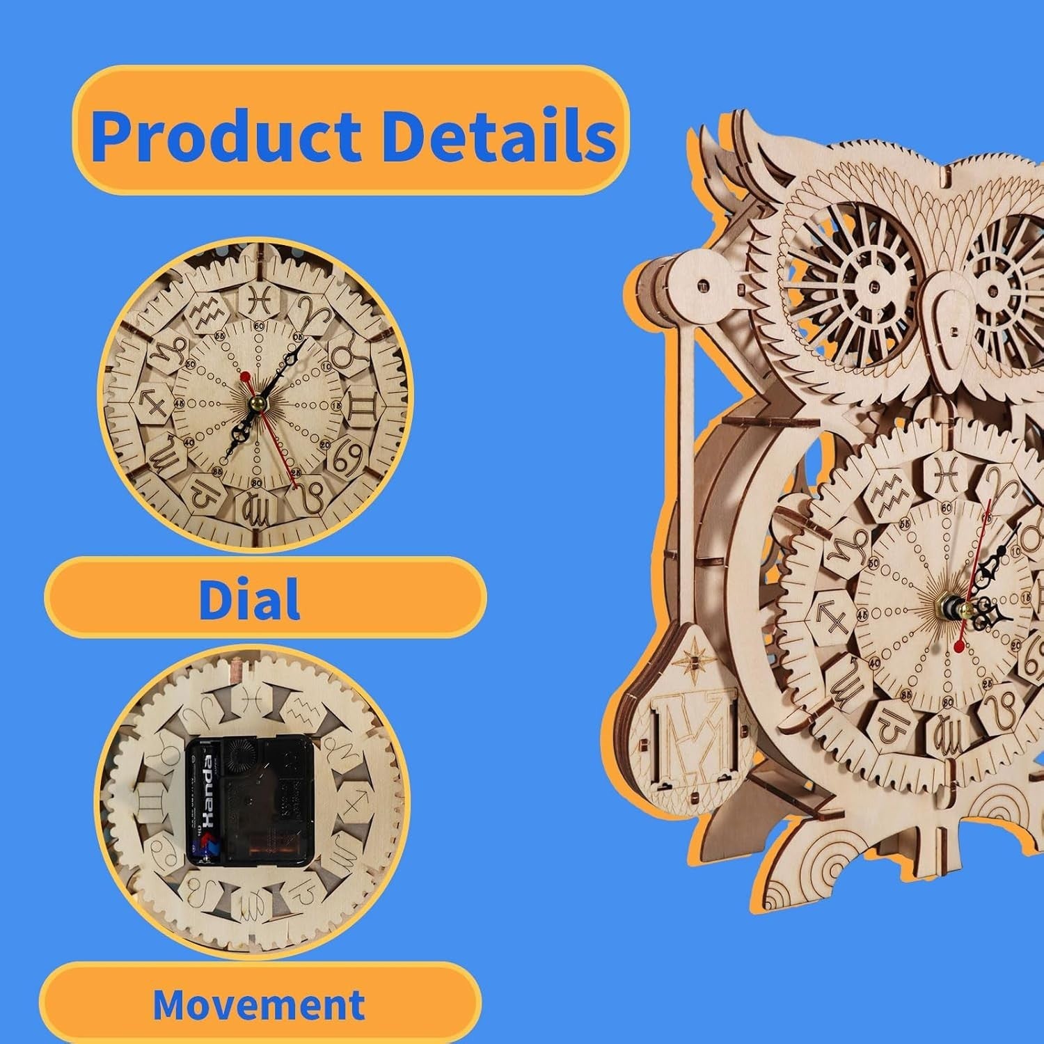 3D Owl Clock Wooden Puzzle Model Kit with Silent Pendulum & DIY Build