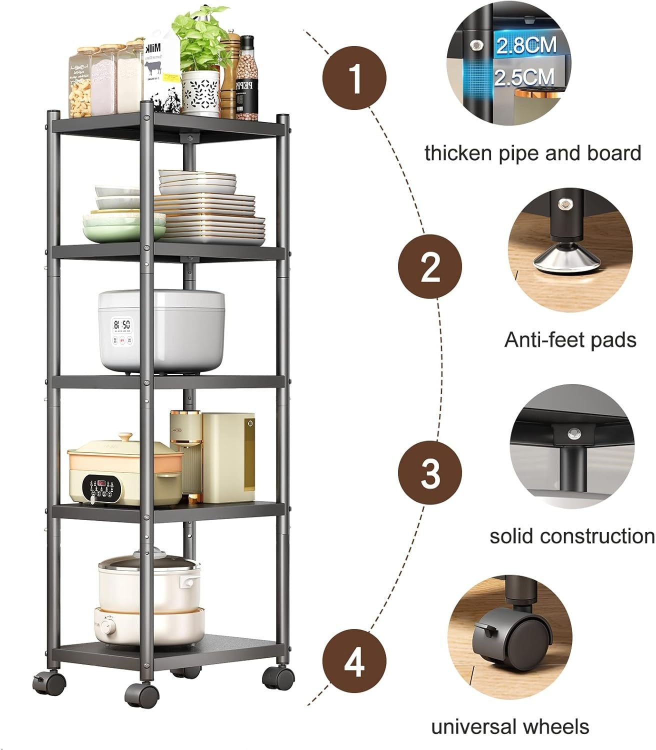 5 Tier Metal Storage Trolley on Wheels Narrow Heavy Duty Shelving Unit Rack