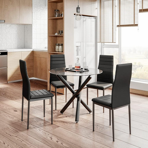Modern Glass Dining Table Set 4 Black PU Leather Chairs Round Table