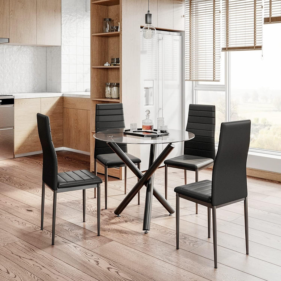 Modern Glass Dining Table Set 4 Black PU Leather Chairs Round Table