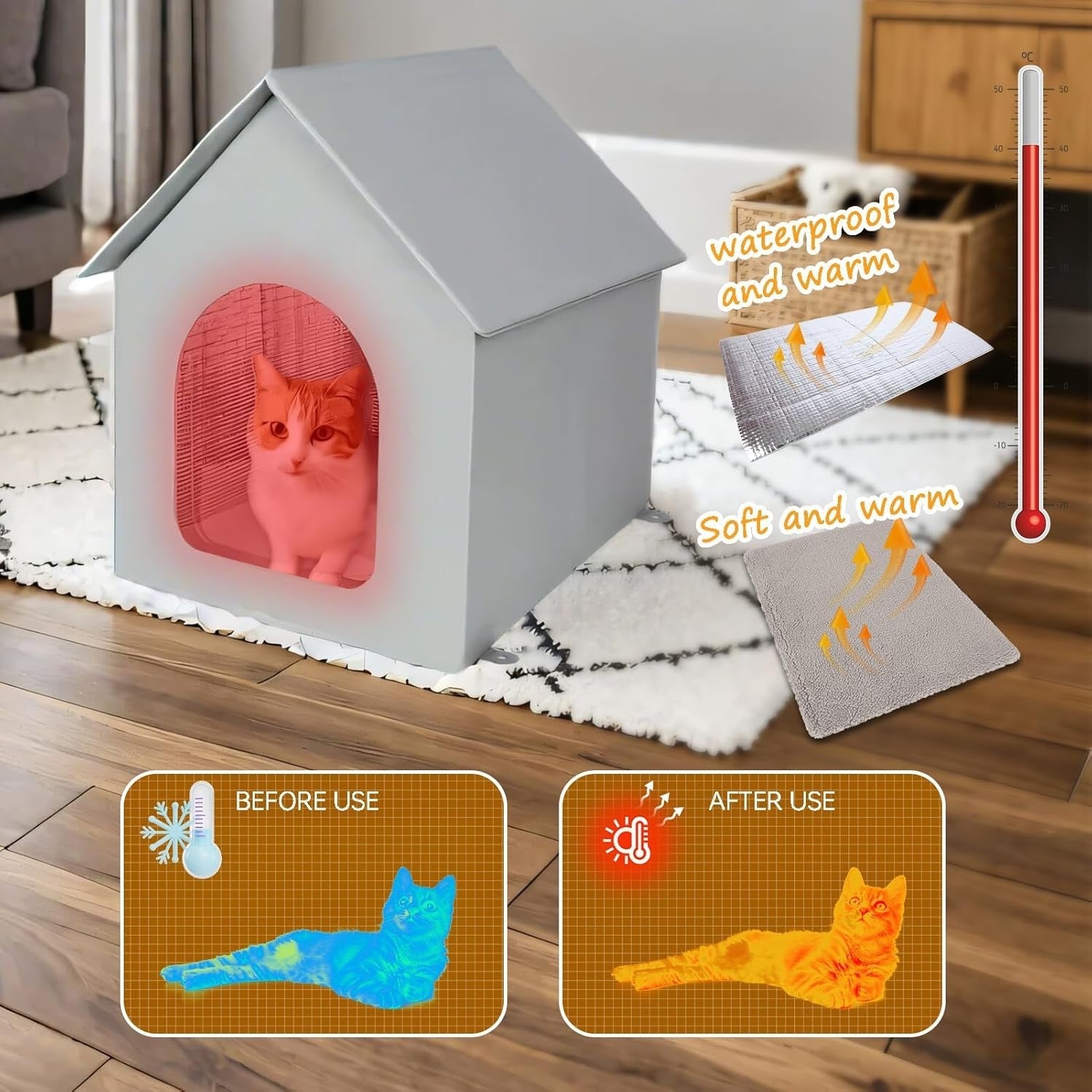 Outdoor Insulated Cat House Waterproof Feral Shelter with Removable Mat Grey