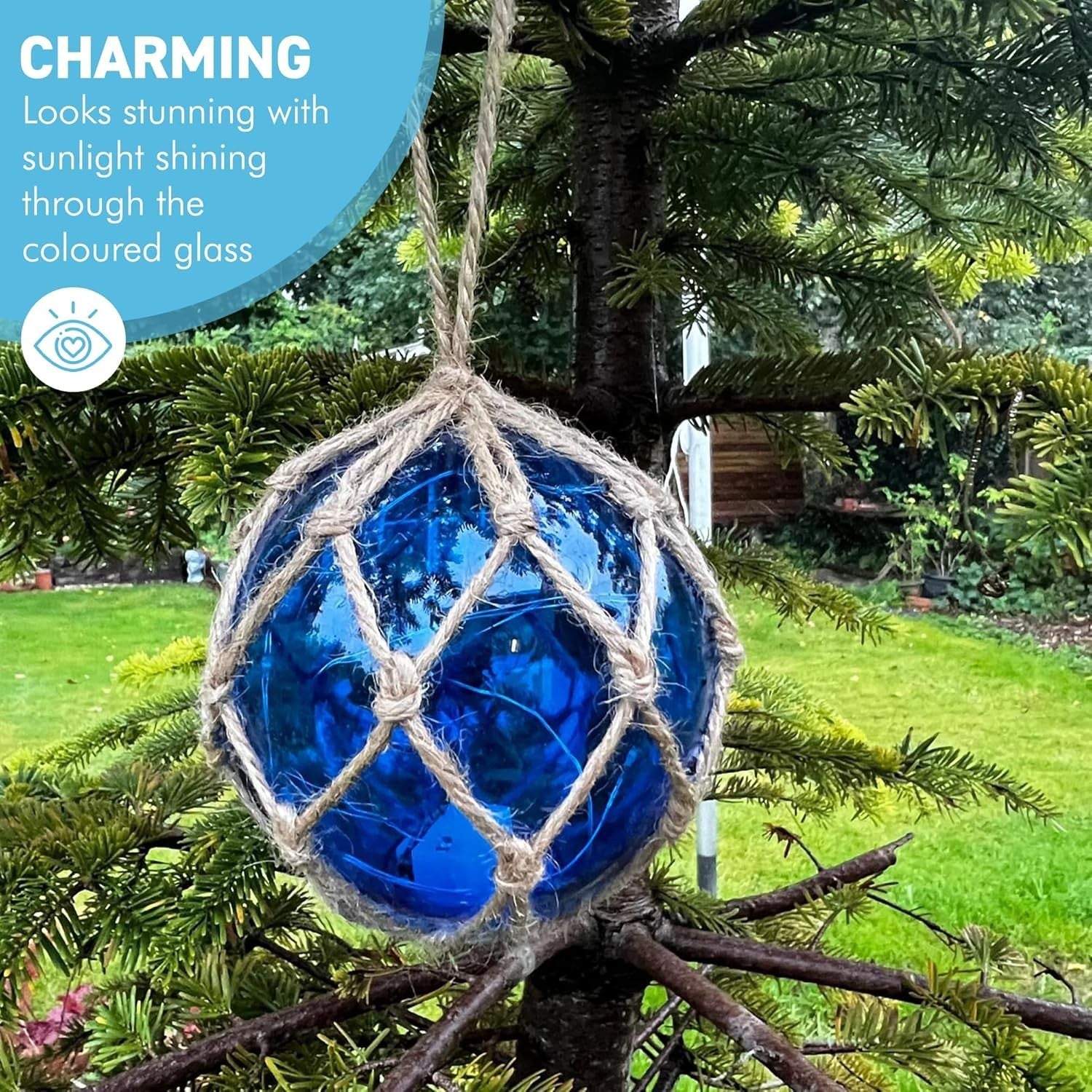 Blue Glass Fishing Buoy Light LED Nautical Hanging Decor Coastal Tiki Bar Lamp