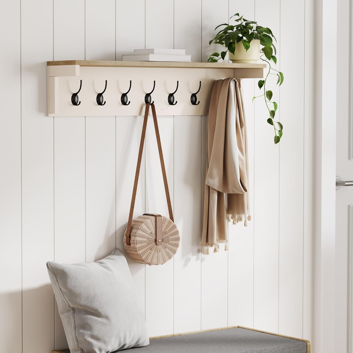Cream Wall Mounted Coat Rack with Shelf | 7 Double Hooks Hallway Organiser