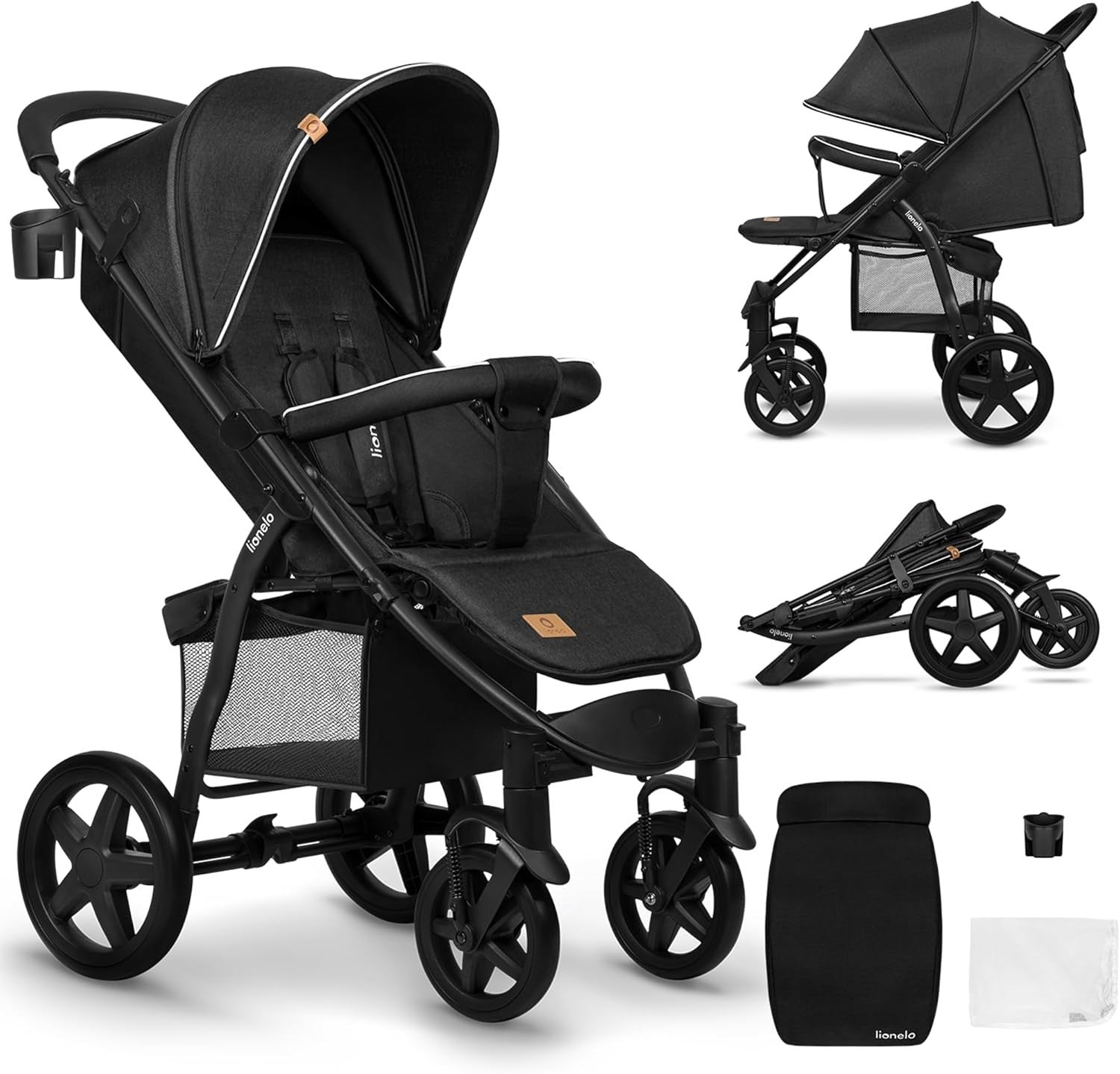 All Terrain Pushchair Lie Flat Newborn–4Y 22kg Foldable XXL Hood Black