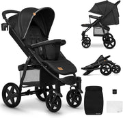 All Terrain Pushchair Lie Flat Newborn–4Y 22kg Foldable XXL Hood Black