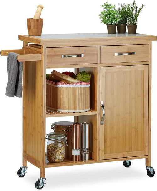 Mobile Wooden Kitchen Cart with Marble Top, Drawer & Lockable Wheels, Bamboo
