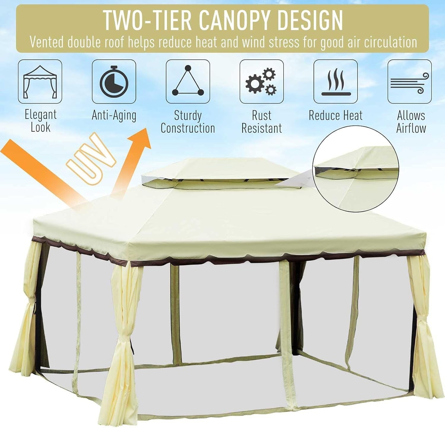 4x3M Aluminum Garden Gazebo Double Roof Canopy with Curtains & Netting