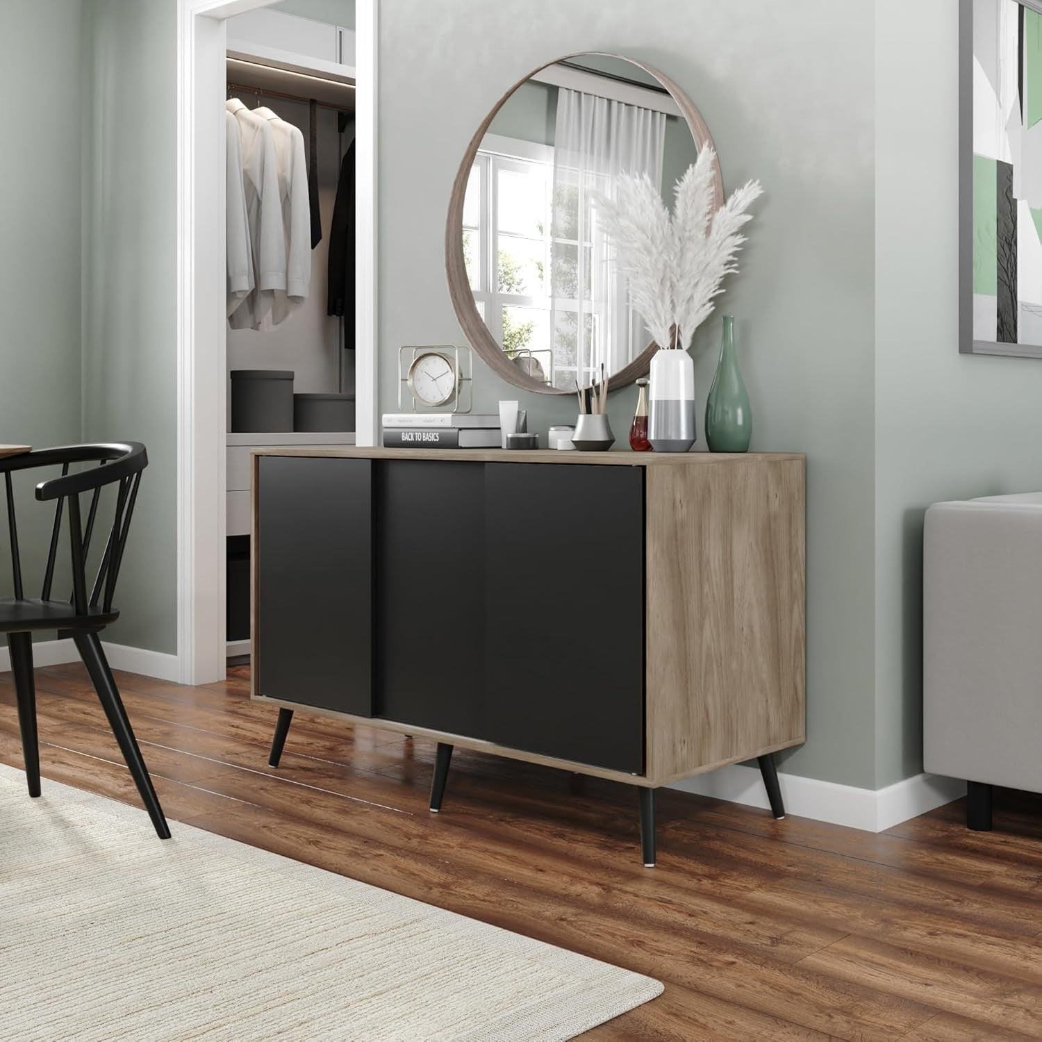 Modern Oak Sideboard Cabinet Black Sliding Doors Storage Unit 3-Door