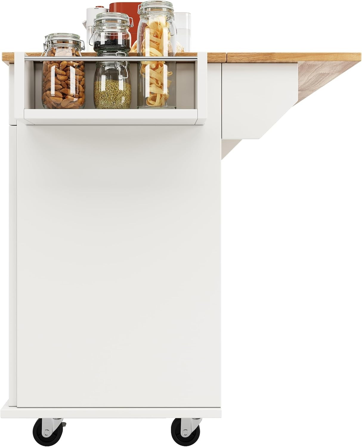 Kitchen Island Trolley on Wheels Expandable Top 2 Drawers Storage White