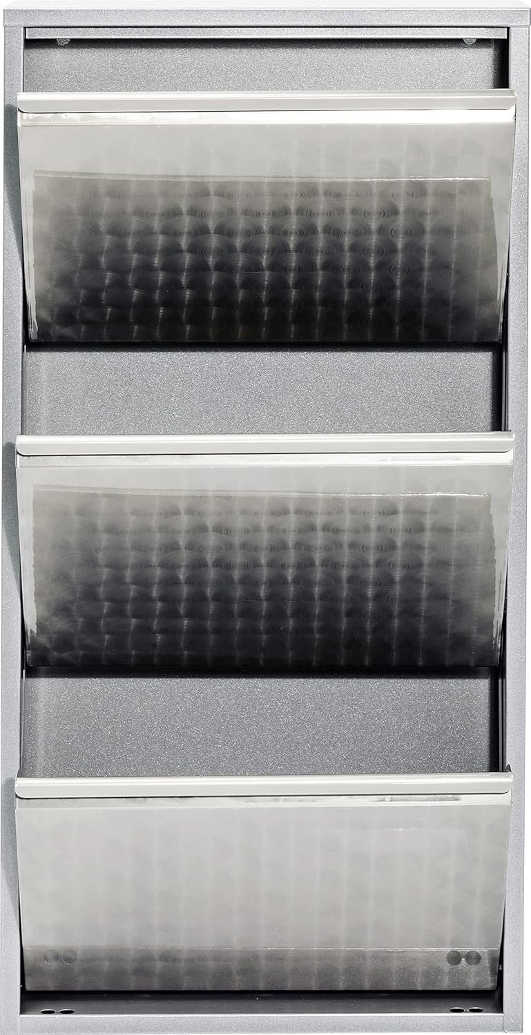 Slim Silver 3-Compartment Flip Shoe Cabinet, Space-Saving Storage for 6 Pairs