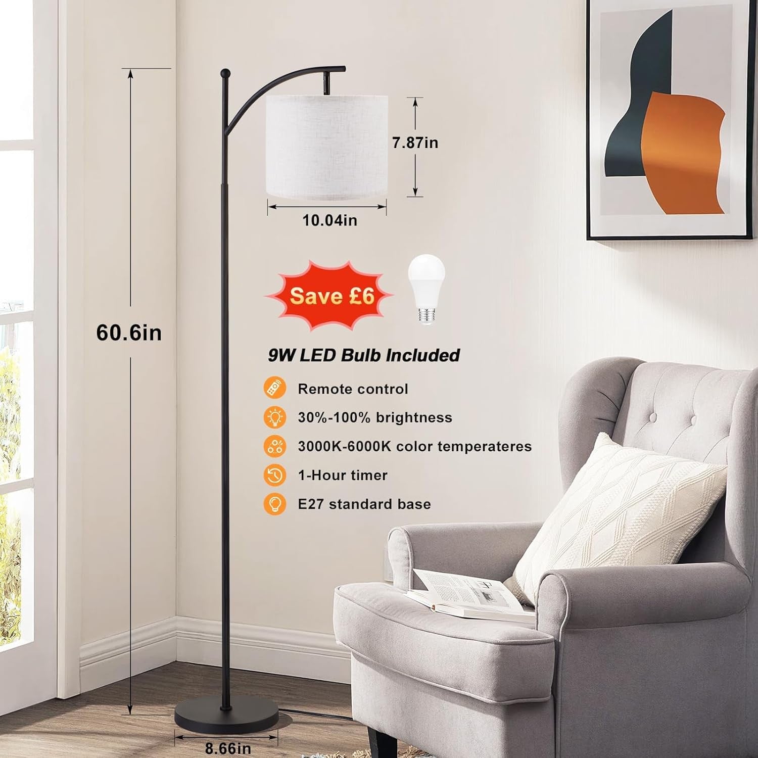 Modern Arc Floor Lamp Dimmable LED Remote Control Living Room Standing