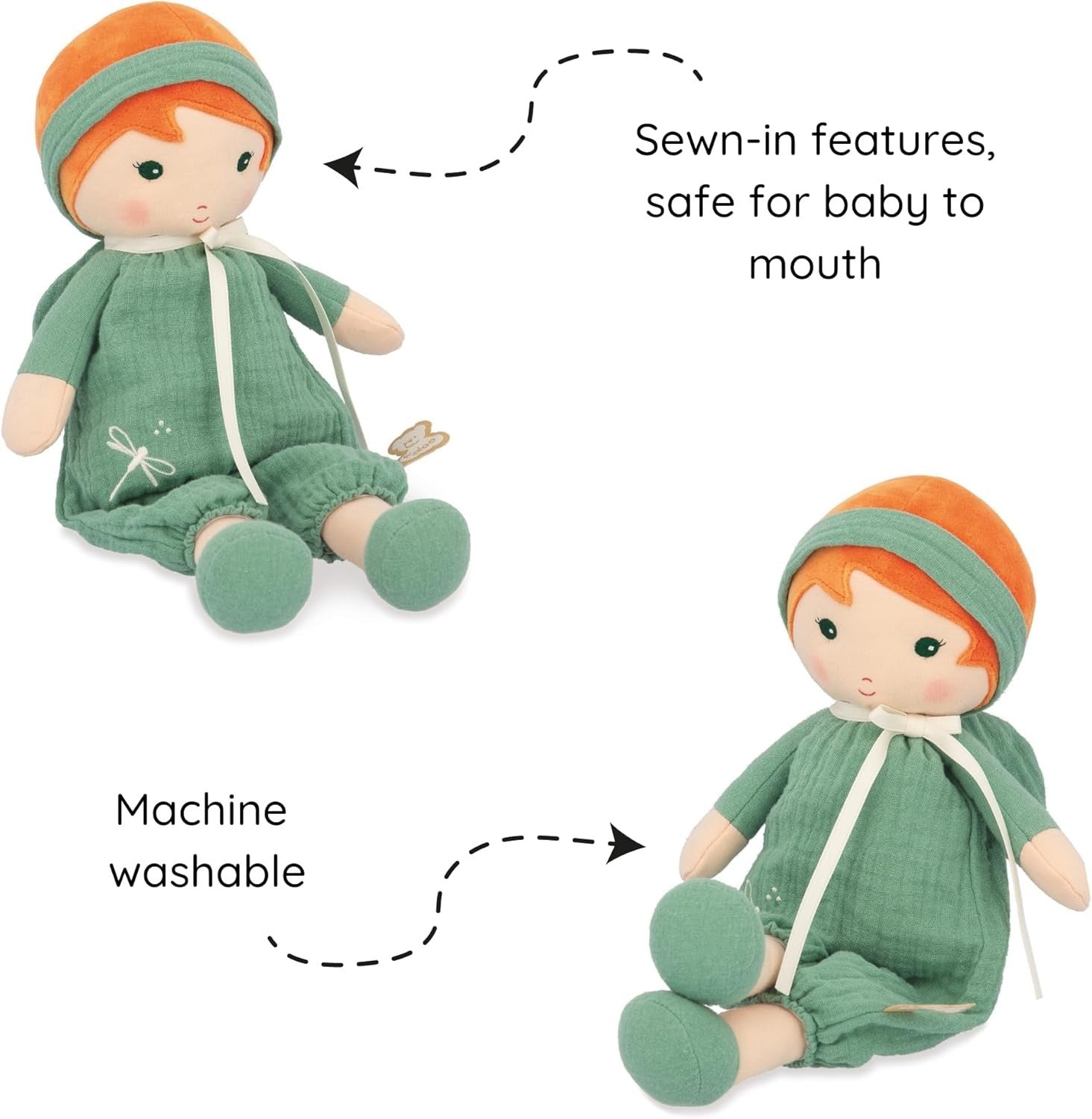 32cm Soft Fabric Rag Doll Muslin Dungarees Personalised Ribbon Newborn Gift