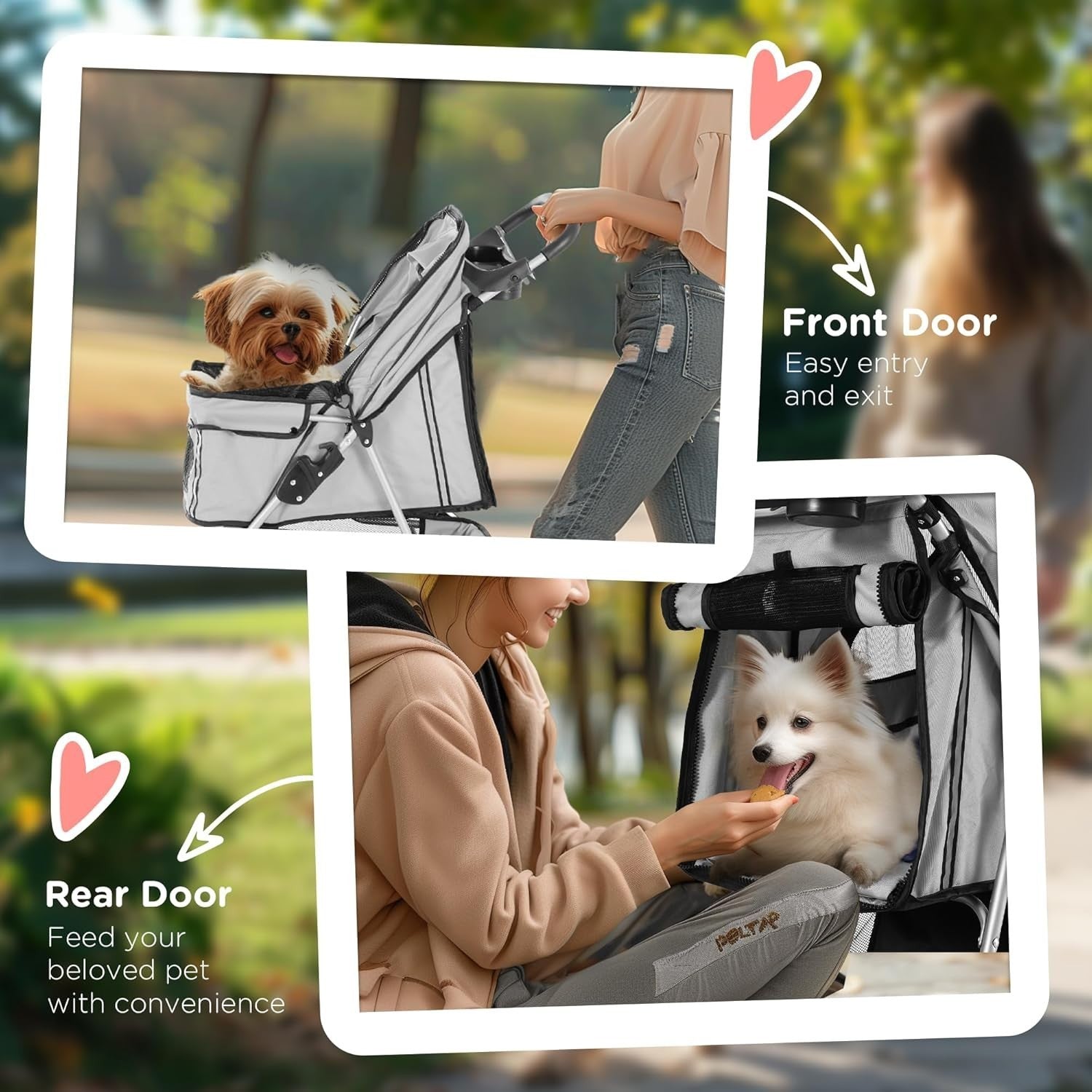 Dog Stroller 3-Wheel Foldable Pet Pram Small Dogs Cats Grey Lightweight