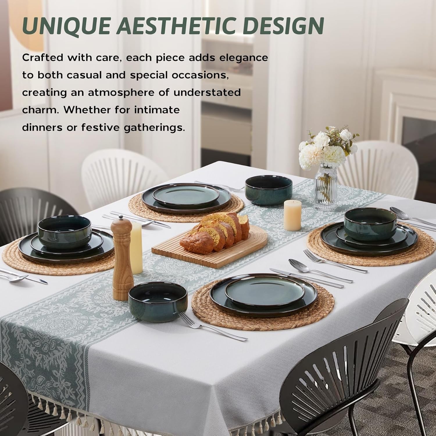 12pc Stoneware Dinner Set for 4 Green Plates Bowls Microwave Safe