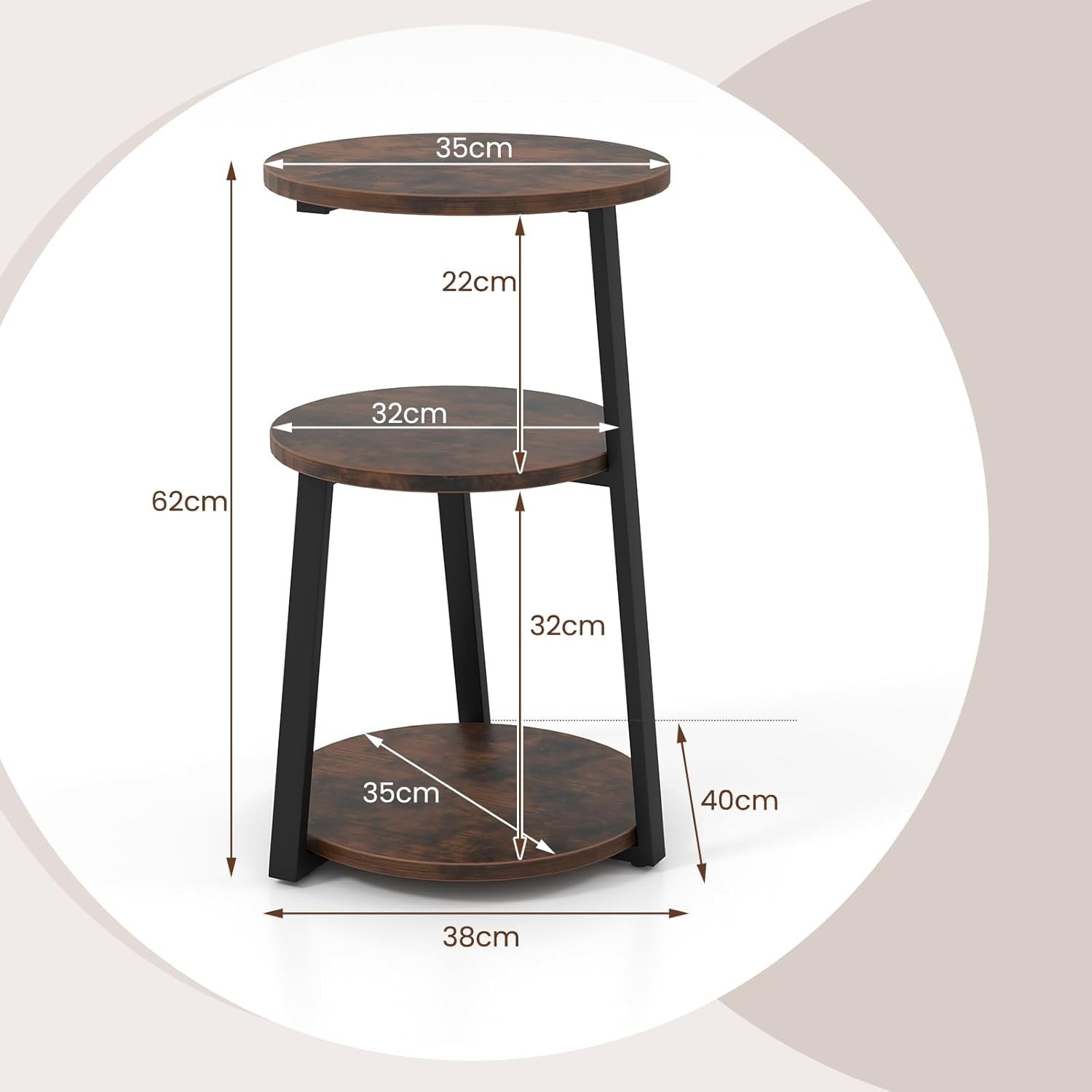 Set of 2 Rustic Brown 3-Tier Round Side Tables – Industrial Bedside Tables 40×55