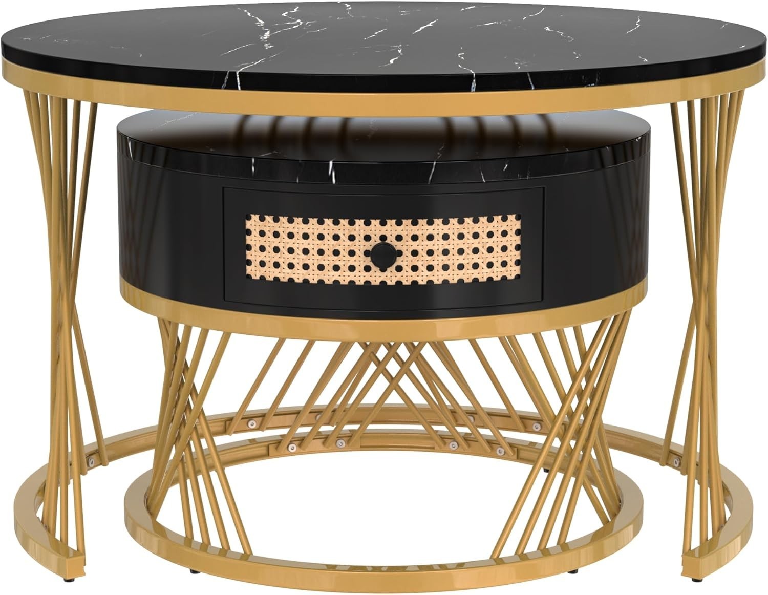 Round Gold Black Faux Marble Nesting Coffee Tables Set Storage Wood Metal 70cm