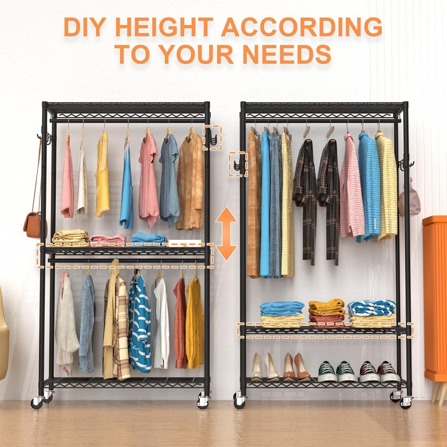 Heavy Duty 3-Tier Clothes Rail with Wheels & Double Rods – Black 90×40×200cm