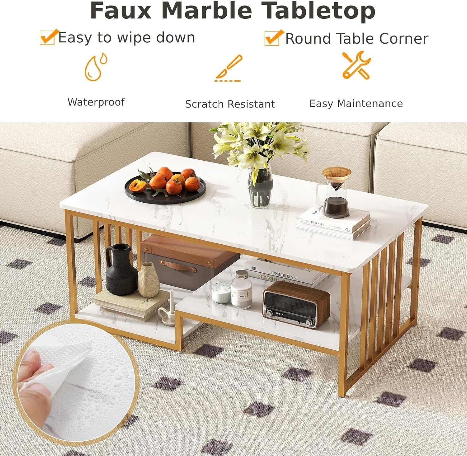 White Gold 3-Tier Coffee Table with Open Storage Shelves Faux Marble Modern