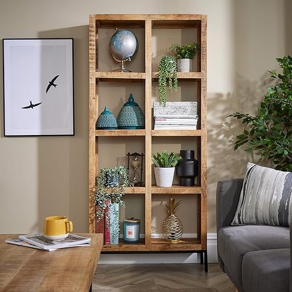 Tall Mango Wood 8 Shelf Bookcase Storage Unit Rustic Industrial Metal Legs