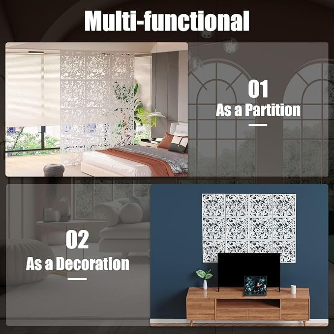 12 Panel Hanging Room Divider 40x40cm White Hollow Pattern Wall Partition Screen