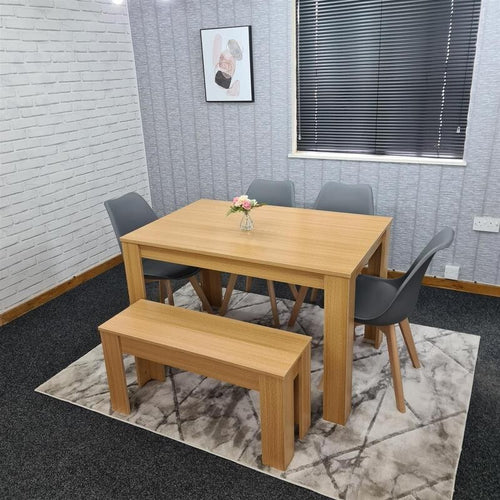 Oak Effect Dining Table Set with 4 Grey Chairs & Bench, 6 Seater Kitchen