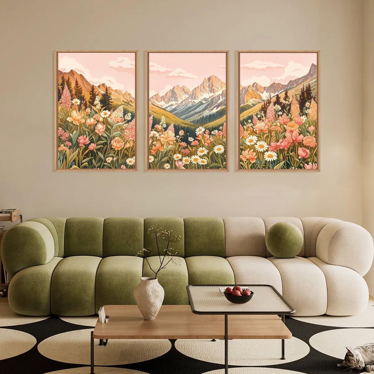 Abstract Floral Mountain Framed Canvas Wall Art Set 3 Boho Nature Decor