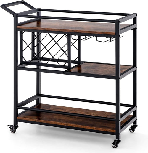 3 Tier Rolling Serving Cart Drinks Trolley Wine Rack Glass Holder on Wheels