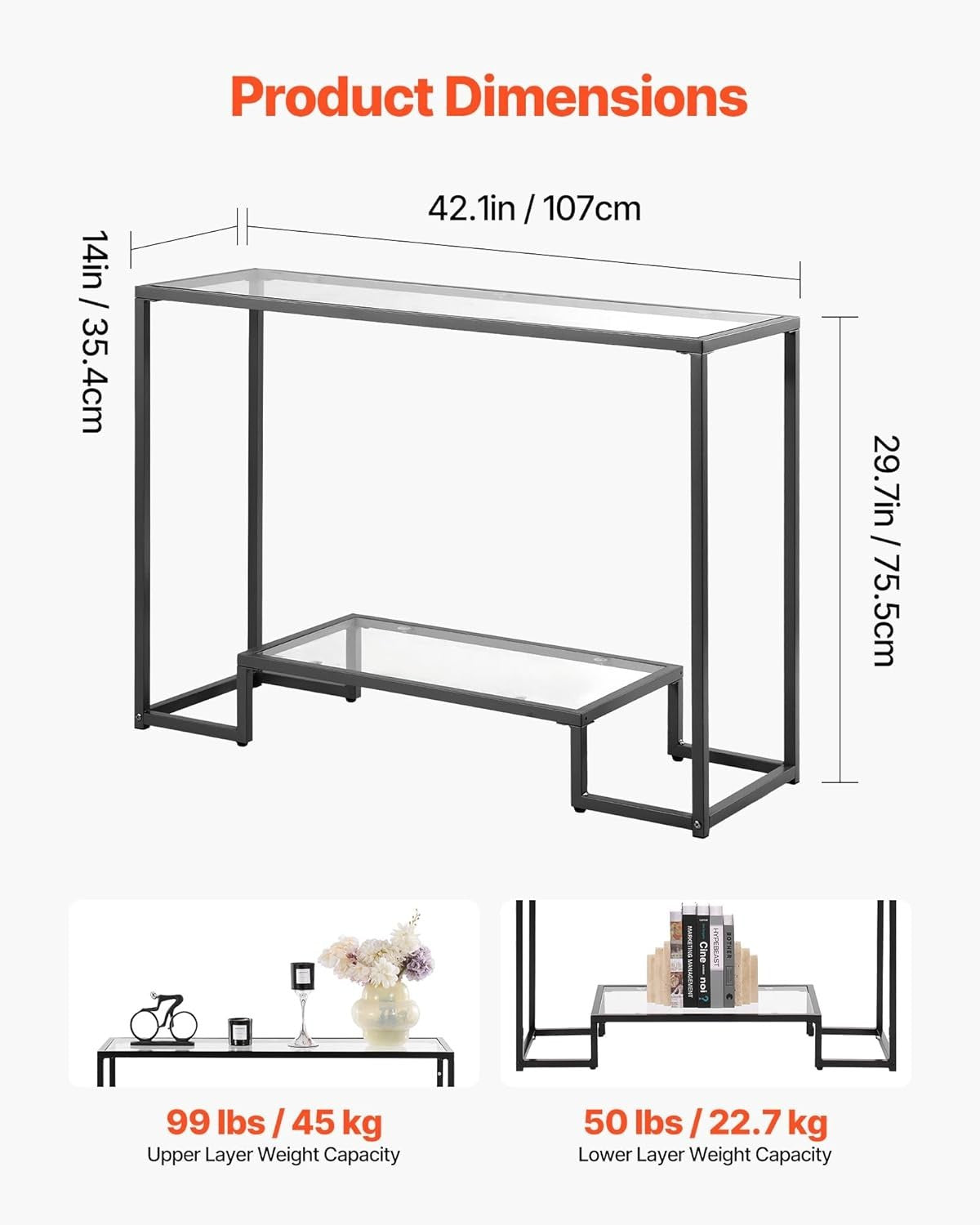 Modern Tempered Glass Console Table with 2-Tier Storage & Anti-Tip