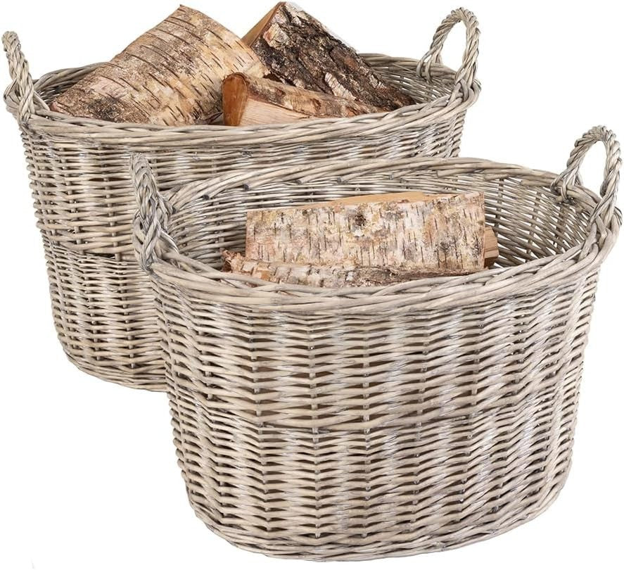 Oval Wicker Log Basket Set, Nesting Storage Baskets with Carry Handles, Durable