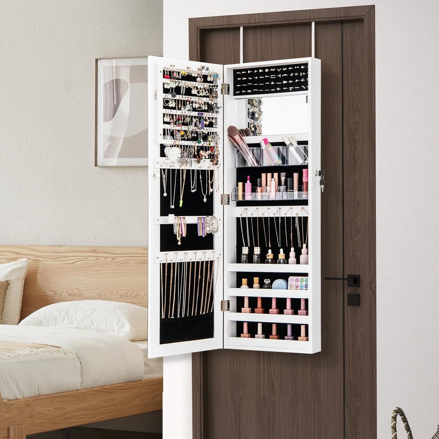 Wall Door Mounted Jewelry Armoire Lockable Full Length Mirror White