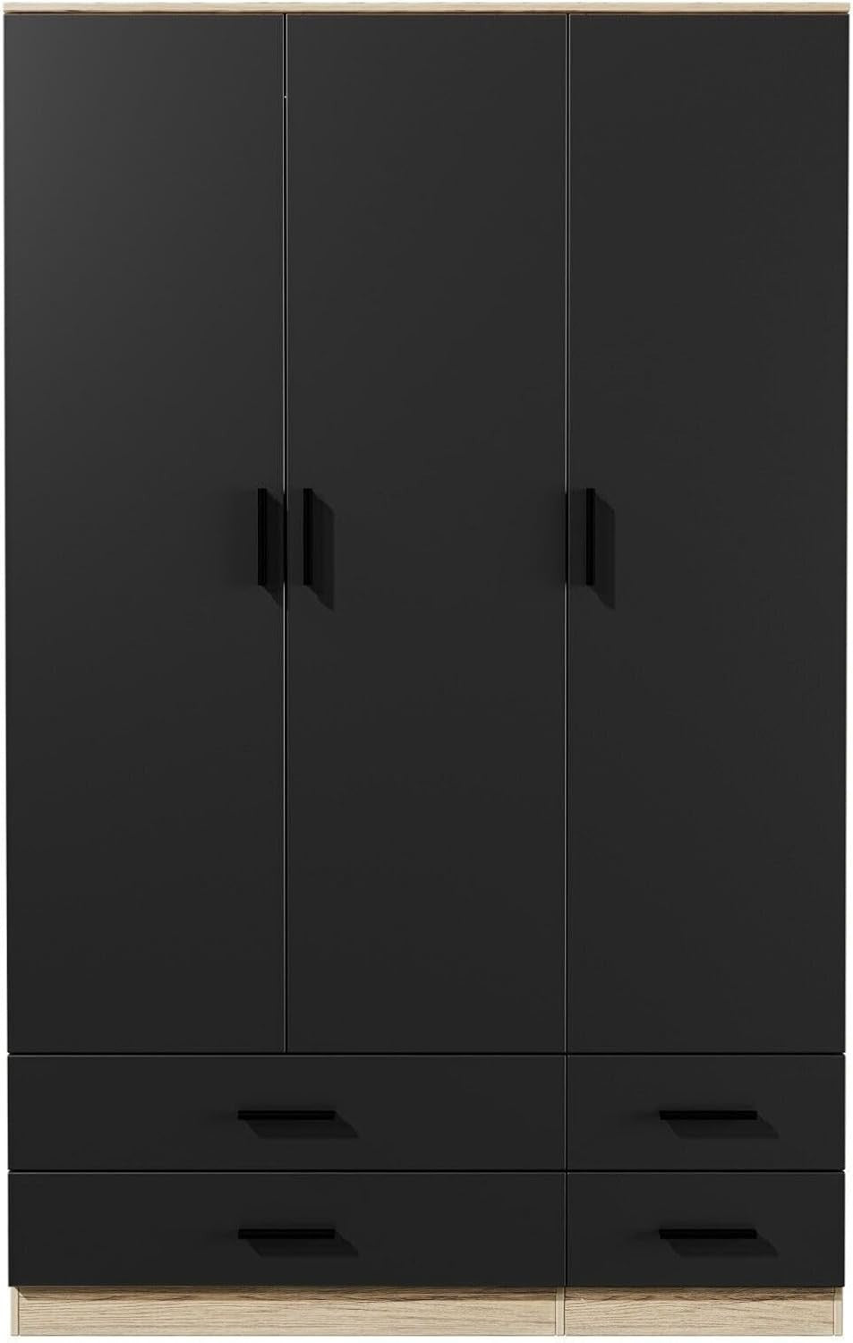 Oak & Black Wardrobe 3 Door 4 Drawer Modern Storage Cabinet Bedroom