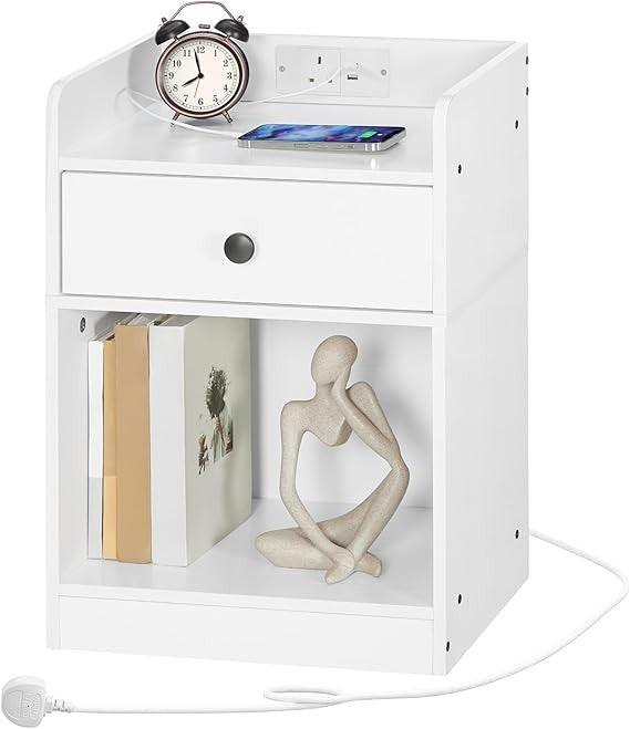 White Charging Bedside Table with USB Ports, Drawer & Shelf Modern Nightstand