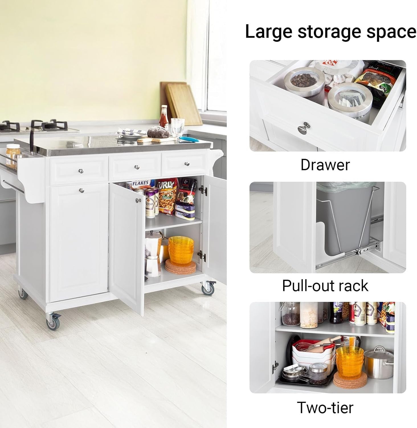 Luxury Kitchen Island Trolley with Stainless Steel Top, Storage & Castors