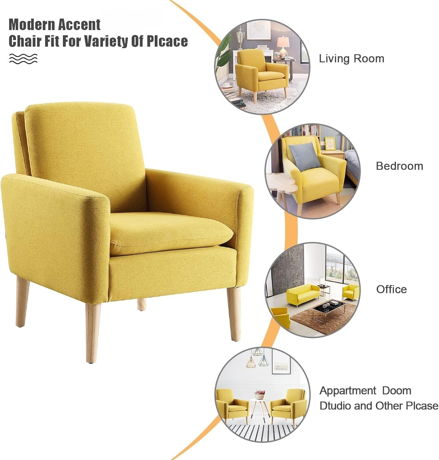 Yellow Lounge Armchair Upholstered with Wood Legs for Living Room Bedroom