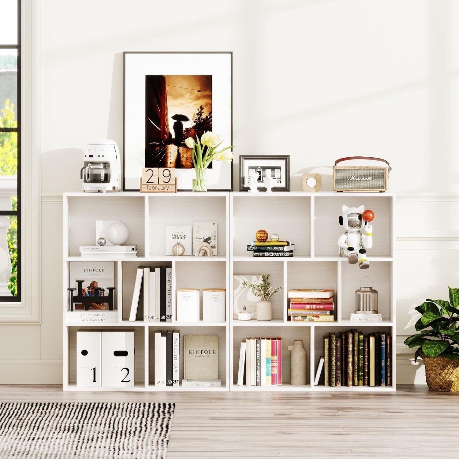7 Cube White Wooden Bookcase Modern 3 Tier Storage Shelf with Legs 80x24x107cm